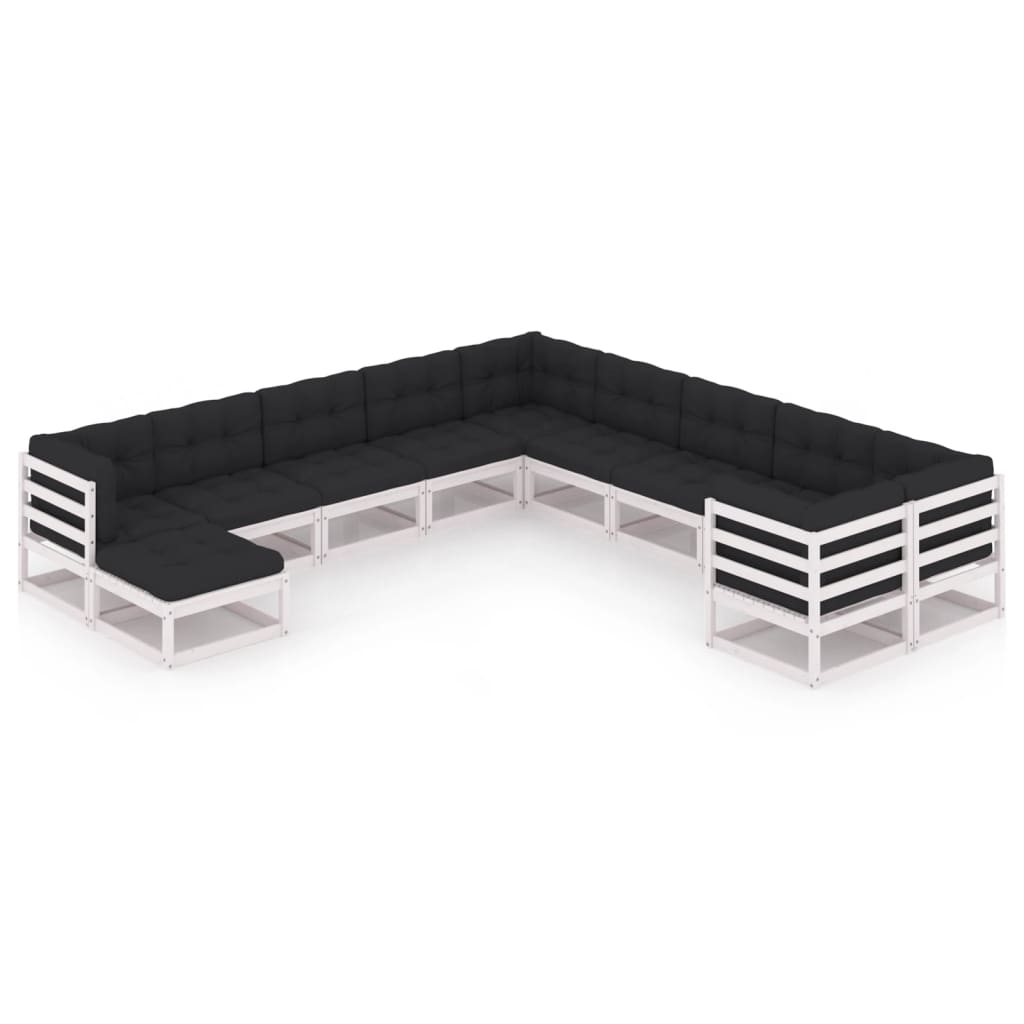 11-tlg. Garten-Lounge-Set mit Kissen Weiss Kiefer Massivholz